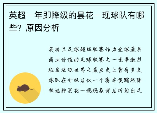 英超一年即降级的昙花一现球队有哪些？原因分析